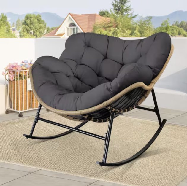 Oversized Beige PE Wicker Outdoor Rocking Chair Papasan Chair with Gray Cushion